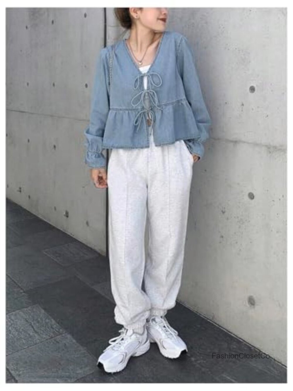 V Neck Tie Front Denim Jean Blouse Ruffled Peplum Long Sleeve with Splits - Picture 4 of 4